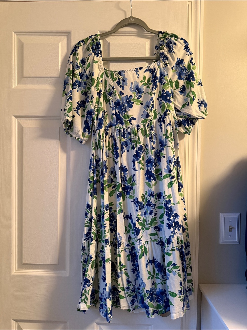 The Children's Place White Dress with Blue Floral & Green Leaves